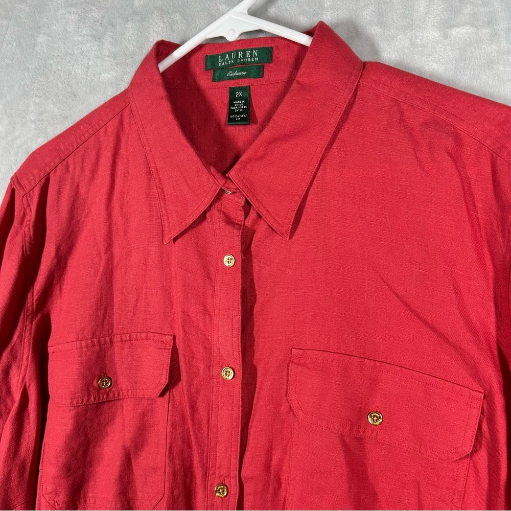 Lauren Ralph Lauren Exclusive Women's 2X Shirt Red Roll Tab Sleeves Gold Buttons